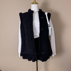 Black Charter Club Faux Suede Toggle Vest Size Large Winter Sherpa Cozy Cabin